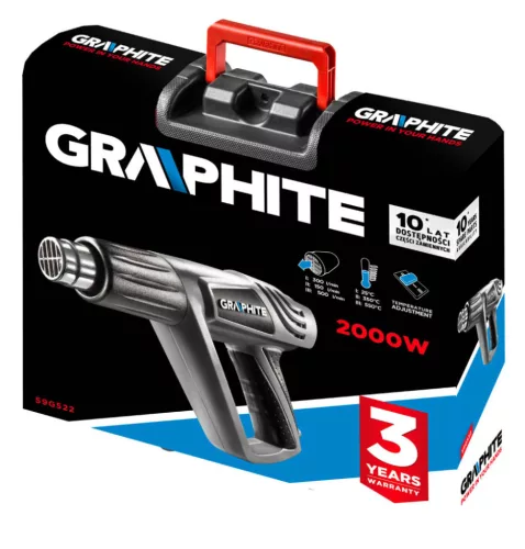 GRAPHITE Hőlégfúvó 2000W, I:50C, II: 350C, III: 550C, kofferben 5db kiegészítővel 3 év garanciával 59G522