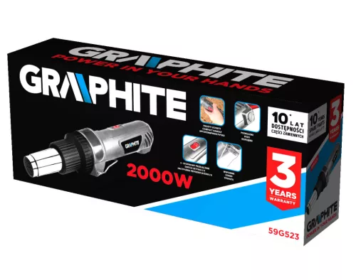 GRAPHITE Hőlégfúvó 2000W, egyenes markolat, hőfokszabályzós I: 350ºC, II: 550ºC 3 év garanciával 59G523