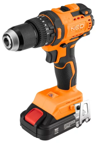 NEO TOOLS Akkus szénkefementes fúró, csavarozó, ütvefúró, Energy+, 18V Kompakt méret, 13mm fém tokmány, akku nélkül 3 év garanciával 04-619