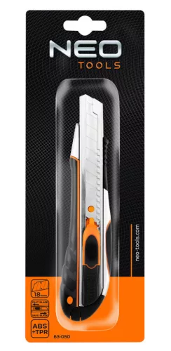 NEO TOOLS Törhető pengés kés 18mm, autómata penge rejtés, fém vezetősín 63-050