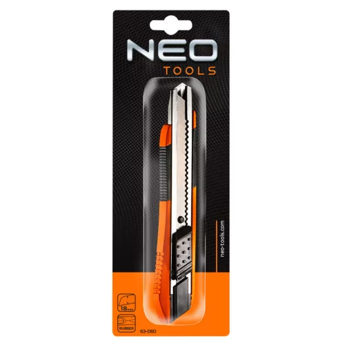 NEO TOOLS Törhető pengés kés 18mm, puha markolat, fém vezetősín 63-060