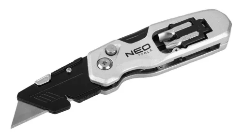 NEO TOOLS Trapézpengés kés, összecsukható, alu házas, 1+3 penge, 2 db csavarhúzóbittel 63-705