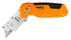 NEO TOOLS Trapézpengés kés, 90 fokban elfordítható fejjel, vágó és kaparó funkció, összecsukható, aluházas, 2db tartalék pengével 63-708