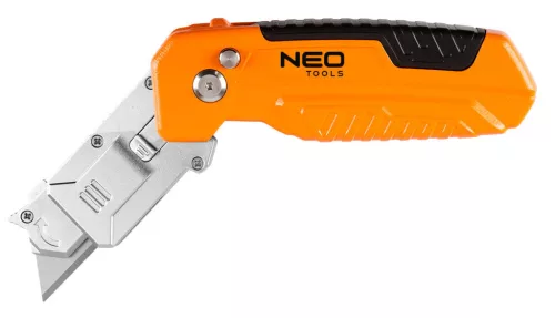 NEO TOOLS Trapézpengés kés, 90 fokban elfordítható fejjel, vágó és kaparó funkció, összecsukható, aluházas, 2db tartalék pengével 63-708