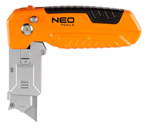 NEO TOOLS Trapézpengés kés, 90 fokban elfordítható fejjel, vágó és kaparó funkció, összecsukható, aluházas, 2db tartalék pengével 63-708