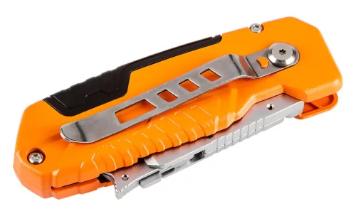 NEO TOOLS Trapézpengés kés, 90 fokban elfordítható fejjel, vágó és kaparó funkció, összecsukható, aluházas, 2db tartalék pengével 63-708