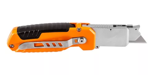 NEO TOOLS Trapézpengés kés, 90 fokban elfordítható fejjel, vágó és kaparó funkció, összecsukható, aluházas, 2db tartalék pengével 63-708