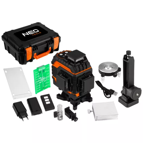 NEO TOOLS Lézer szintező, 3D önbeálló keresztvonallézer,360 fokos, 12 lézervonal, 25méter hatótáv, tölthető akku, tartozékok, hordtáska, zöld lézervonalak 2 év garanciával 75-140