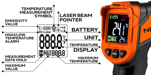 NEO TOOLS Infra hőmérő, 50-880 C, folyadék, levegő, test 75-276