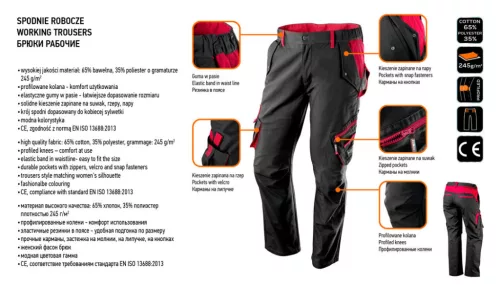 NEO TOOLS Női munkanadrág, 65% pamut, 35% polyester, 245 g/m2, XL 80-220-XL