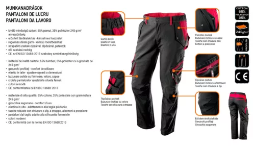 NEO TOOLS Női munkanadrág, 65% pamut, 35% polyester, 245 g/m2, XL 80-220-XL