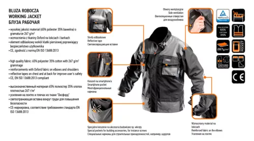 NEO TOOLS Munkavédelmi kabát, HD, LD/54 65% poliészter, 35% pamut, 267g/m2, vékony fényvisszaverő csíkok 81-210-LD