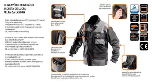 NEO TOOLS Munkavédelmi kabát, HD, XL/56 65% poliészter, 35% pamut, 267g/m2, vékony fényvisszaverő csíkok 81-210-XL