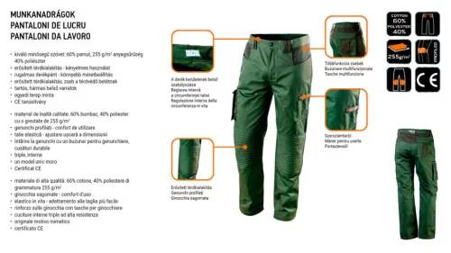 NEO TOOLS Olíva Munkásnadrág, CAMO, 60% pamut, 40% polyester, 255 g/m2, XS 81-222-XS