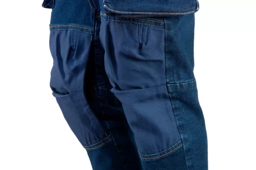 NEO TOOLS Farmer Munkásnadrág, DENIM, 98% pamut, térdvédő betét zsebbel, gombos oldalzsebekkel, 255 g/m2, L 81-228-L