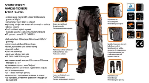 NEO TOOLS Munkásnadrág, HD, XXL/58 65% poliészter, 35% pamut, 267g/m2, térdprotektor zseb, térd alatt lezippzározha, XXL 81-230-XXL
