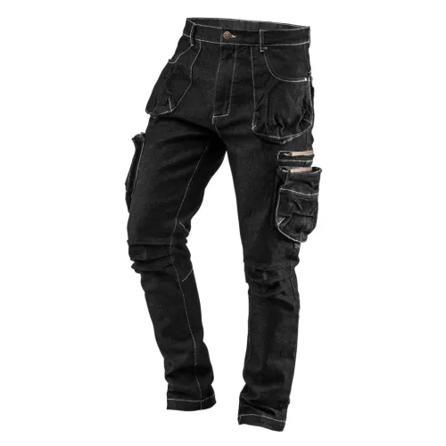 NEO TOOLS Farmer Munkásnadrág, DENIM, fekete, cipzáros oldalzsebekkel, 98% pamut, 410 g/m2, M 81-233-M