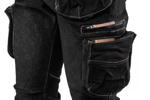 NEO TOOLS Farmer Munkásnadrág, DENIM, fekete, cipzáros oldalzsebekkel, 98% pamut, 410 g/m2, XL 81-233-XL
