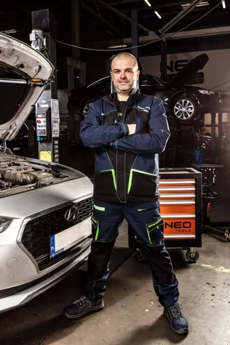 NEO TOOLS Munkanadrág, Motosynteza, 100% pamut, szakadásmentes szövet, 3soros varrat, térdprotektor zseb, XS 81-235-XS