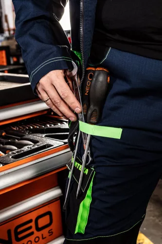 NEO TOOLS Munkanadrág, Motosynteza, 100% pamut, szakadásmentes szövet, 3soros varrat, térdprotektor zseb, XS 81-235-XS