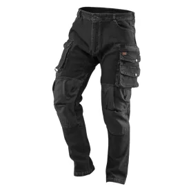   NEO TOOLS Farmer Munkásnadrág, DENIM, fekete, 98% pamut, térdvédő zseb, gombos oldalzsebek, 255 g/m2, L 81-236-L
