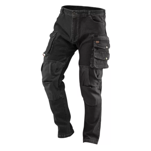 NEO TOOLS Farmer Munkásnadrág, DENIM, fekete, 98% pamut, térdvédő zseb, gombos oldalzsebek, 255 g/m2, S 81-236-S