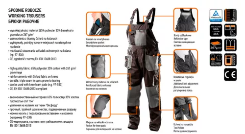 NEO TOOLS Kantáros Munkásnadrág, HD, L/52 65% poliészter, 35% pamut, 267g/m2, térdprotektor zseb, fényvisszaverő, L 81-240-L