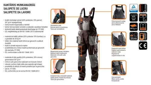 NEO TOOLS Kantáros Munkásnadrág, HD, M/50 65% poliészter, 35% pamut, 267g/m2, térdprotektor zseb, fényvisszaverő, M 81-240-M