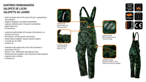 NEO TOOLS Kantáros, terepmintás Munkásnadrág, CAMO, 60% pamut, 40% polyester, 255 g/m2, XS 81-241-XS