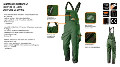 NEO TOOLS Kantáros munkanadrág olíva, 60% pamut, 40% polyester, 255 g/m2, L 81-242-L