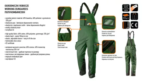 NEO TOOLS Kantáros munkanadrág olíva, 60% pamut, 40% polyester, 255 g/m2, S 81-242-S