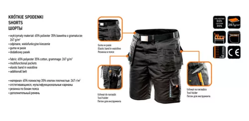 NEO TOOLS Rövid munkásnadrág, HD, Heveder övvel, levehető zsebek, XL/56 81-270-XL
