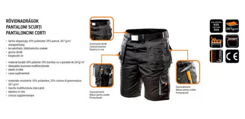NEO TOOLS Rövid munkásnadrág, HD, Heveder övvel, levehető zsebek, XL/56 81-270-XL