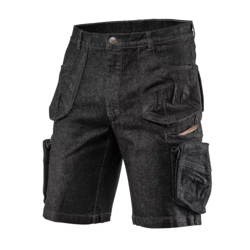 NEO TOOLS Farmer Rövid munkásnadrág, DENIM, fekete, cipzáros oldalzsebekkel, 98% pamut, 410g/m2, M 81-273-M