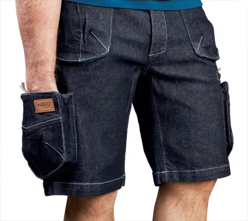 NEO TOOLS Farmer Rövid munkásnadrág, DENIM, cipzáros oldalzsebekkel, 98% pamut, 410g/m2, XL 81-279-XL