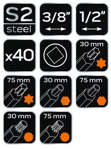 NEO TOOLS Csavarhúzó bitkészlet, hajtószárral 40db 25 év garanciával 06-107