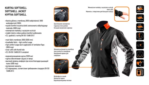 NEO TOOLS Softshell Munkavédelmi kabát, Víz- és szélálló, M/50 Vízálló (5000mm), szellőztető szelepek (3000mpv), M 81-550-M