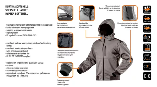 NEO TOOLS Softshell Munkavédelmi kabát, levehető kapucnival, S 81-551-S