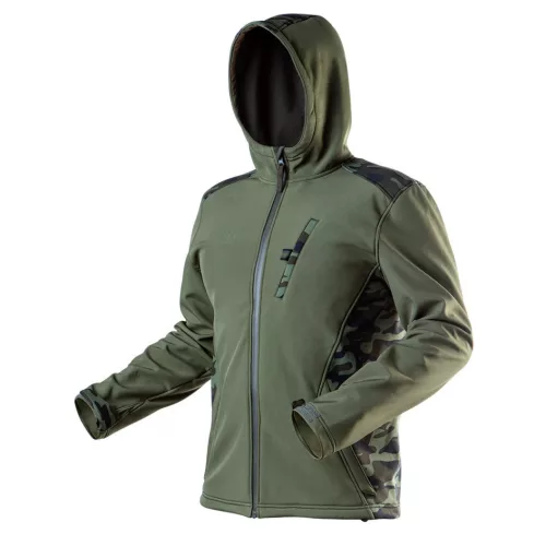 NEO TOOLS Terepmintás, softshell Munkavédelmi kabát, víz- és szélálló, kapucnis, CAMO, vízáll.:5000mm, légáter.:3000g/m2/24h, XXL 81-553-XXL