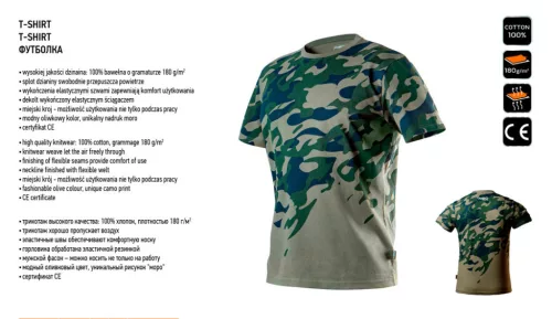 NEO TOOLS Munkavédelmi póló, CAMO, terepmintás, olíva, 100% pamut, 180g/m2, L 81-613-L