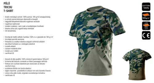 NEO TOOLS Munkavédelmi póló, CAMO, terepmintás, olíva, 100% pamut, 180g/m2, L 81-613-XXL