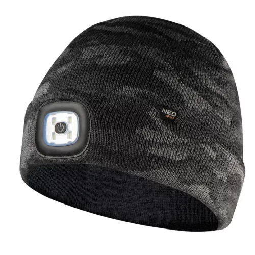 NEO TOOLS Kötött munkasapka, beépített led lámpával, kétrétegű, szürke terepmintás, CAMO 81-632