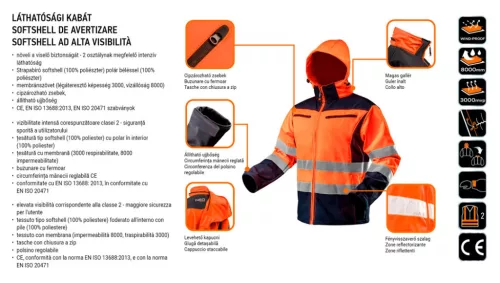 NEO TOOLS Láthatósági Softshell Munkavédelmi kabát, kapucnival, narancssárga, XL 81-701-XL