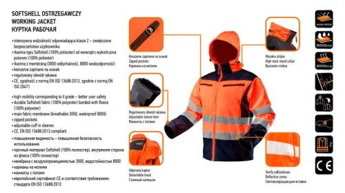NEO TOOLS Láthatósági Softshell Munkavédelmi kabát, kapucnival, narancssárga, XXXL 81-701-XXXL