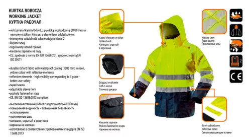 NEO TOOLS Láthatósági Munkavédelmi kabát, vízálló, sárga, L 81-720-L