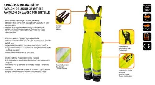 NEO TOOLS Láthatósági kantáros munkanadrág, lélegző, 240gsm, Polyester+pamut, sárga, S 81-777-S