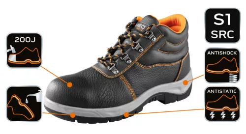 NEO TOOLS Munkavédelmi bakancs, S1 SRC, bőr acélbetétes, 47-es 82-165-47
