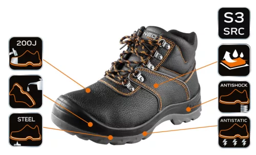 NEO TOOLS Munkavédelmi bakancs, S3 SRC, acélbetétes, acél átszúrásgátló betét, 45-ös 82-166-45