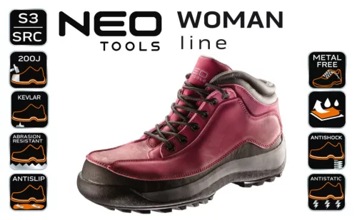 NEO TOOLS Munkavédelmi bakancs, női, S3 SRC, bőr, fémmentes, CE, 36 82-540-36