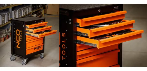 NEO TOOLS Műhelykocsi, 7 fiókos, 129db szerszámmal, 680x460x1030mm, szerszámkocsi 25 év garanciával 84-222-9